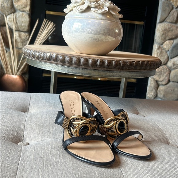 Escada Black Rhinestone Medallion Slip on Mules Size 37.5